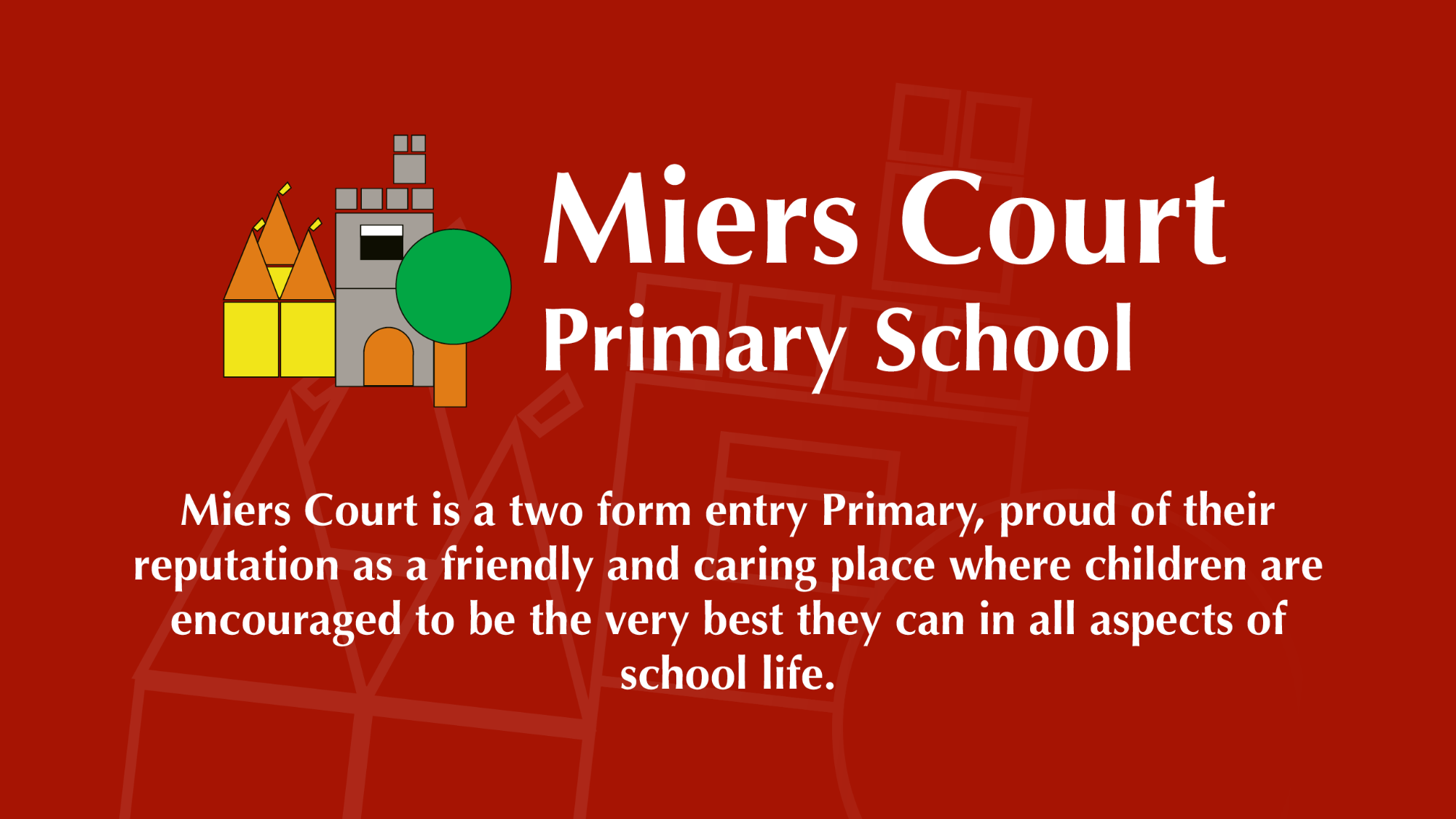 Miers Court Primary School logo on a red background.